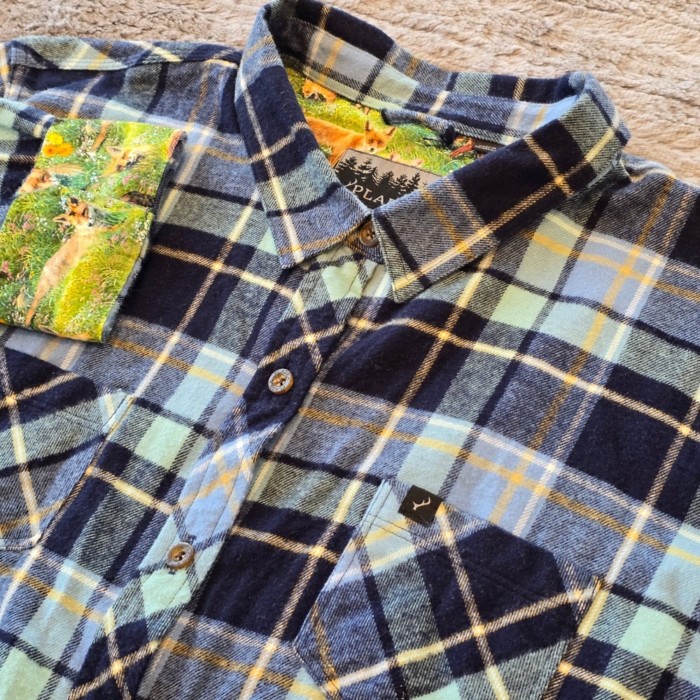 Pladra Women 2X Blue Plaid Flannel Shirt Fox Wildlife Print Cotton Button Down